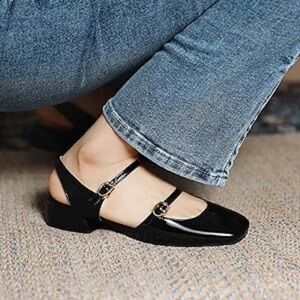 DONGFANGMEIZU - Double Strap Black Patent Square Toe Heeled Maryjane Size 40